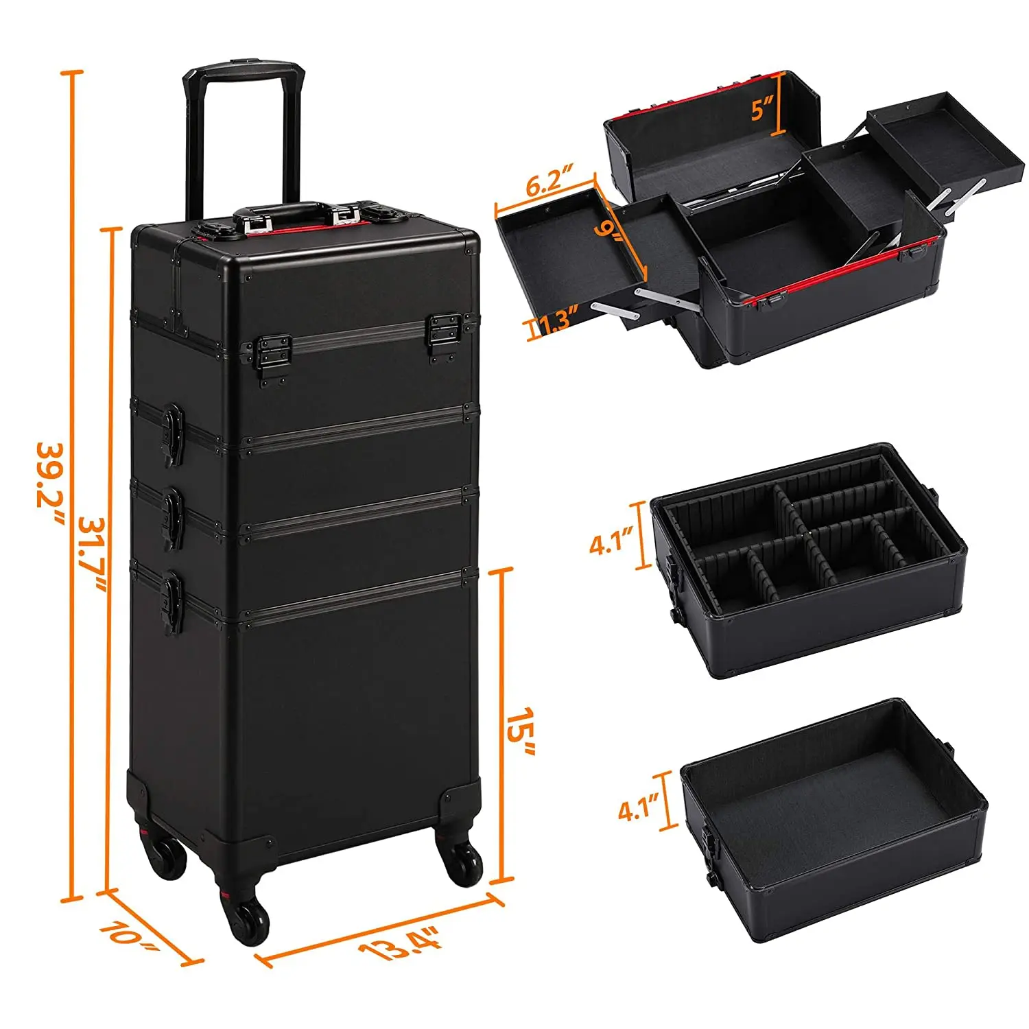 4 in 1 Premium Makeup Train Case 4 Wheels Rolling Cosmetic Trolley Lock Pull Rod Travel Artist Suitcase Portable
