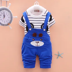 Baby Clothes Summer Toddler Kids Boys Striped Short Sleeved T-shirt Panda Straps Pants Overall 2 Pcs Boys Clothing Set