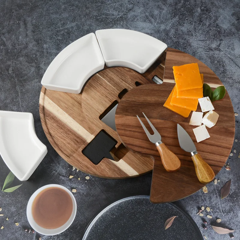Wholesale round natural acacia wood cheese serving board with 3pcs knife fork cutlery tools and ceramic bowl