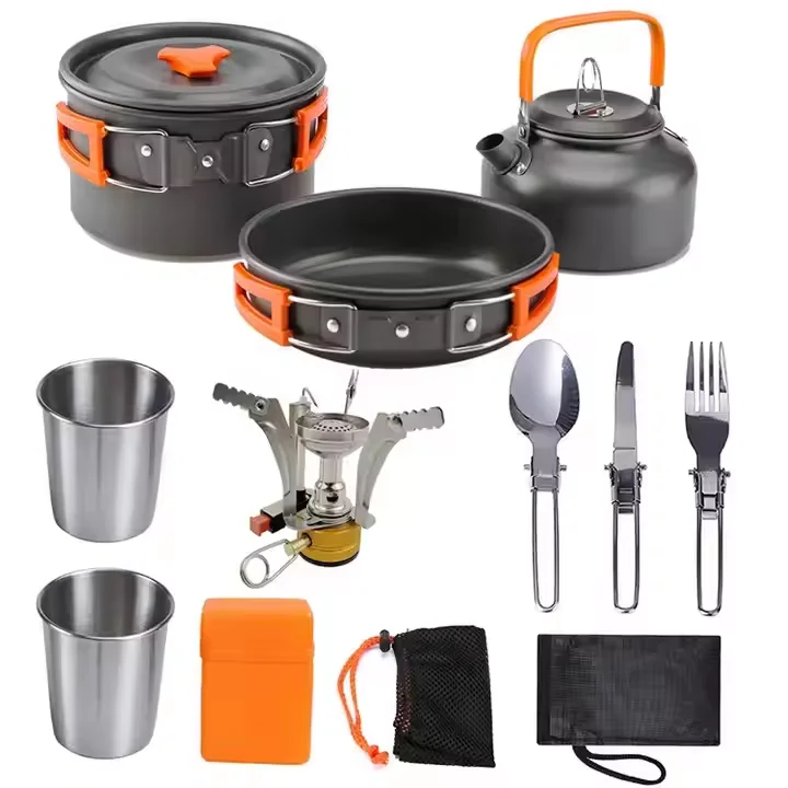 Camping Cookware Set with Stove, Portable Camping Mess Kit with Pots /Pans  and Folding Fork for Outdoor/Camping/Hiking/Picnic