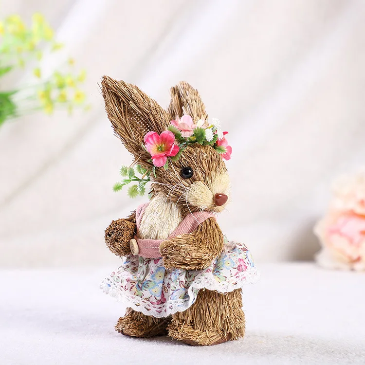 Easter Straw Bunny Figurine Ornament Creative Straw Rabbit Doll with Flower Wreath Apron Standing Figurines Holiday Party Home