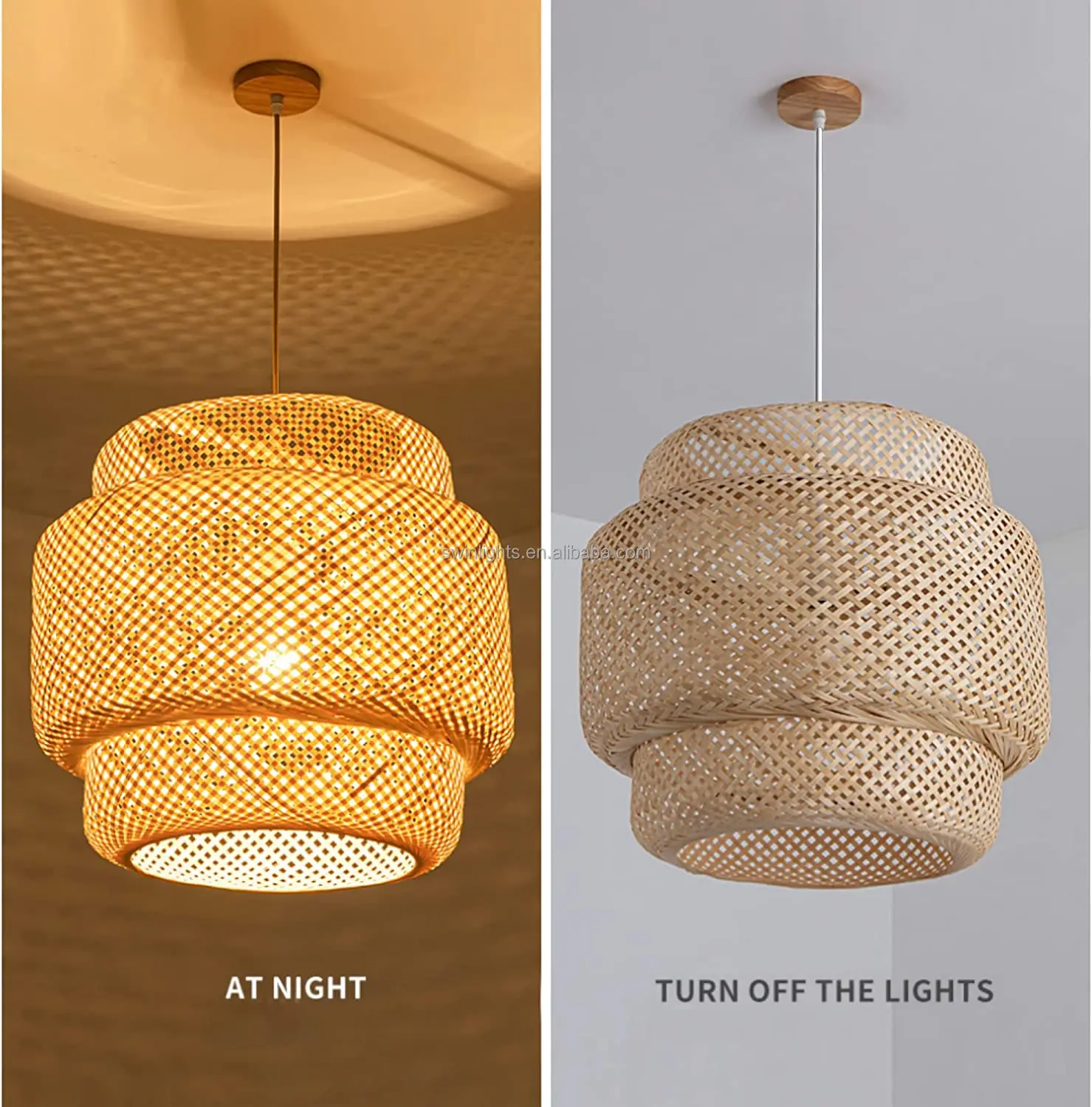 Hand woven bamboo chandelier natural rattan basket lamp Beige bamboo pendant light kitchen island lighting