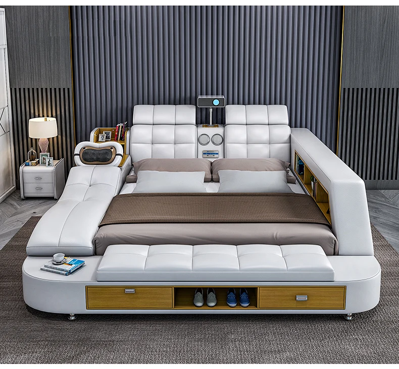Luxury Modern Large Tatami Leather king Size Bed with Storage Massage Functions
