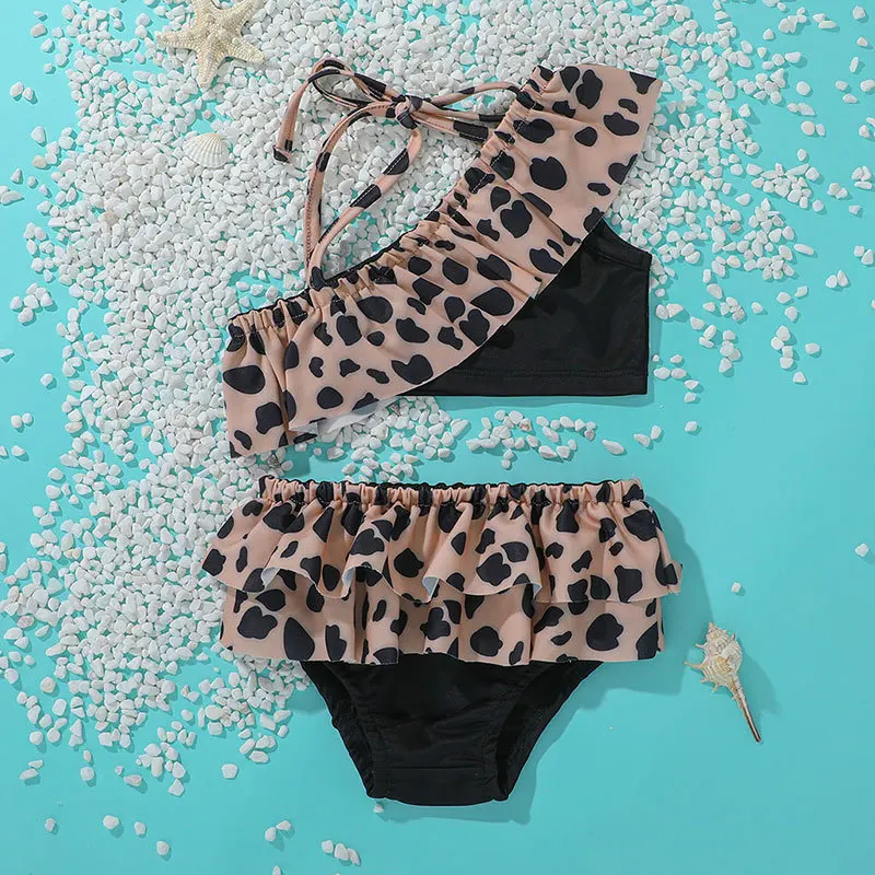 Wholesale Ruffle Floral Leopard Child Swimwear Baby Kids Two Piece Swimsuit For Girls