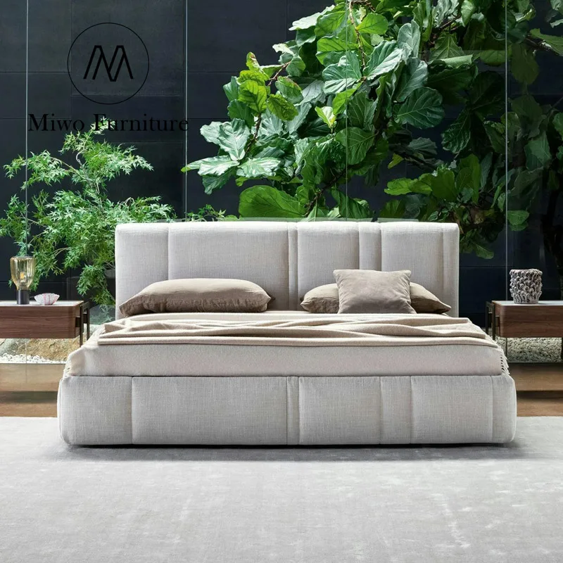 Italian modern stylist furniture white Linen fabric bedroom King size bed Double upholstered bed Hotel Loft queen bed frame
