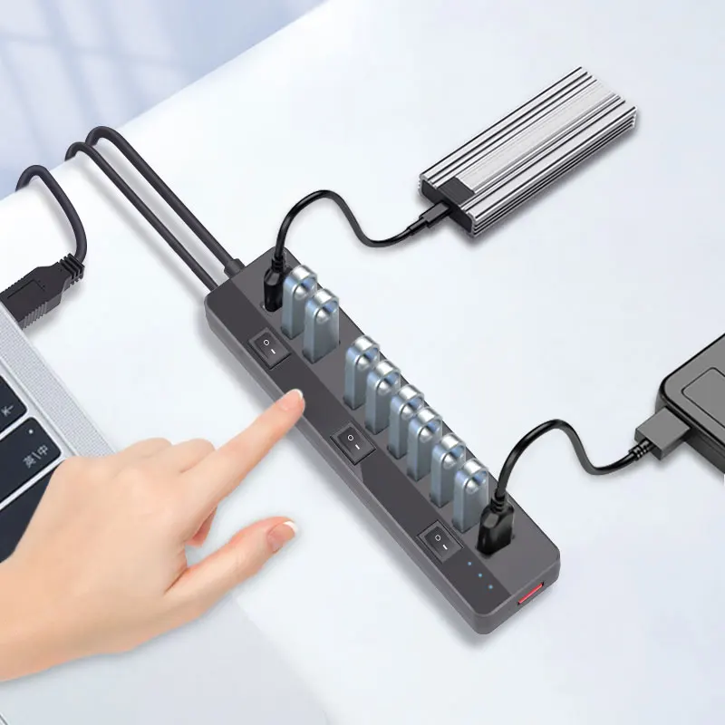 USB 3.0 Hub 10 Ports Powered Hub Splitter 9 High Speed Data Transfer 1 Charging Ports with Individual On Off Switches
