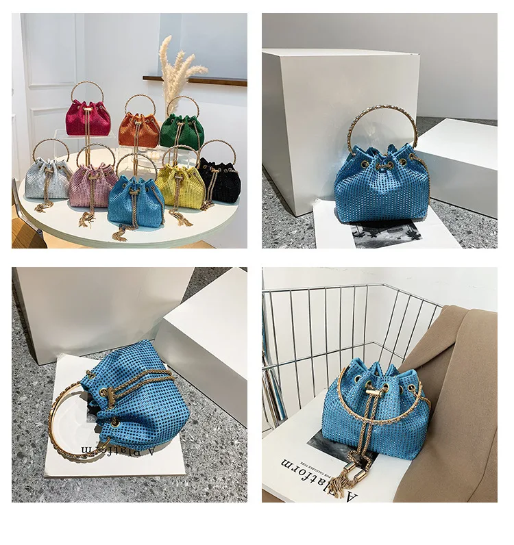Newest Design Women Hand Bags Handbags For Women Fashion rhinestone personality girl hand-held chain messenger bucket bag pu