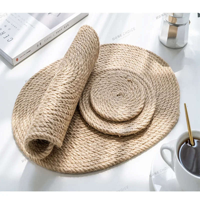Homechoice Rattan Cup Coasters Dining Table Mat Heat Insulation Holder Hand Woven Flax Wicker Drink Coaster Placemats