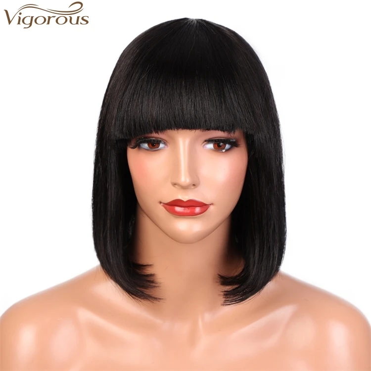 Vigorous Wholesale High Quality Short Bob Wig With Flat Bangs 12 Inches Glueless Straight Black Human hair Wigs for White Women