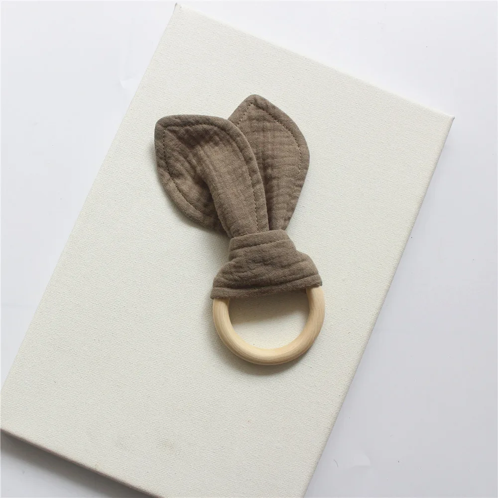 Baby Wooden Ring Teether Soft Cotton Rabbit Ear Comforting Toy Teething Sensory Rattle Shower Gift for Infants Newborn