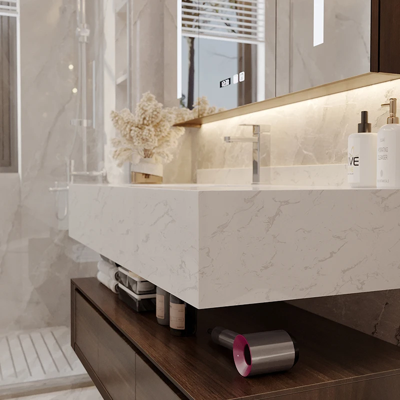 Light Luxury Solid Wood and MDF bathroom vanity Simple Modern Design with Integrated Marble Wash Basin Rock Board Bath Mirror