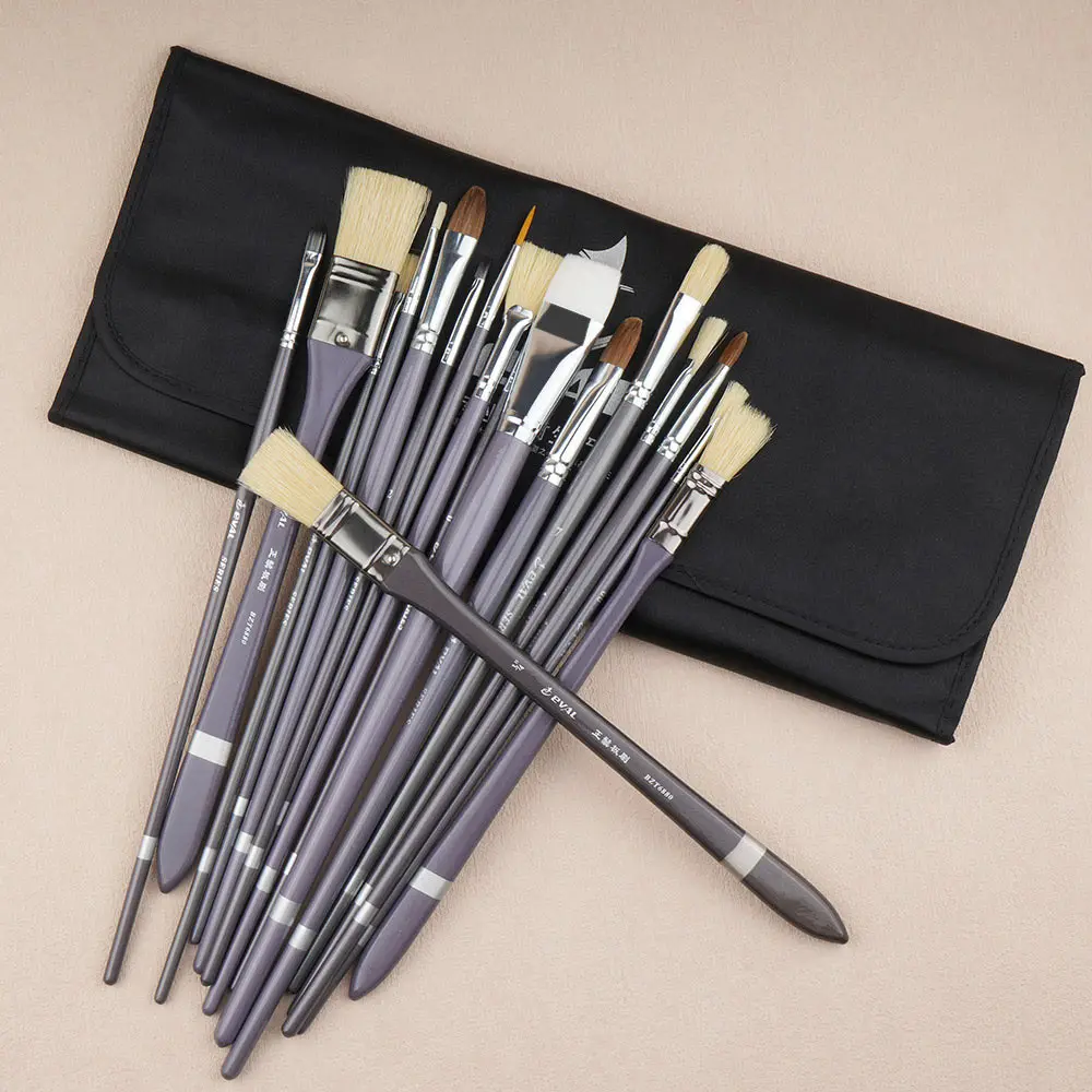 YIHUALE factory wholesale 17pcs oil art supplier watercolor acrylic oil nylon hair artist paint brush set with canvas bag