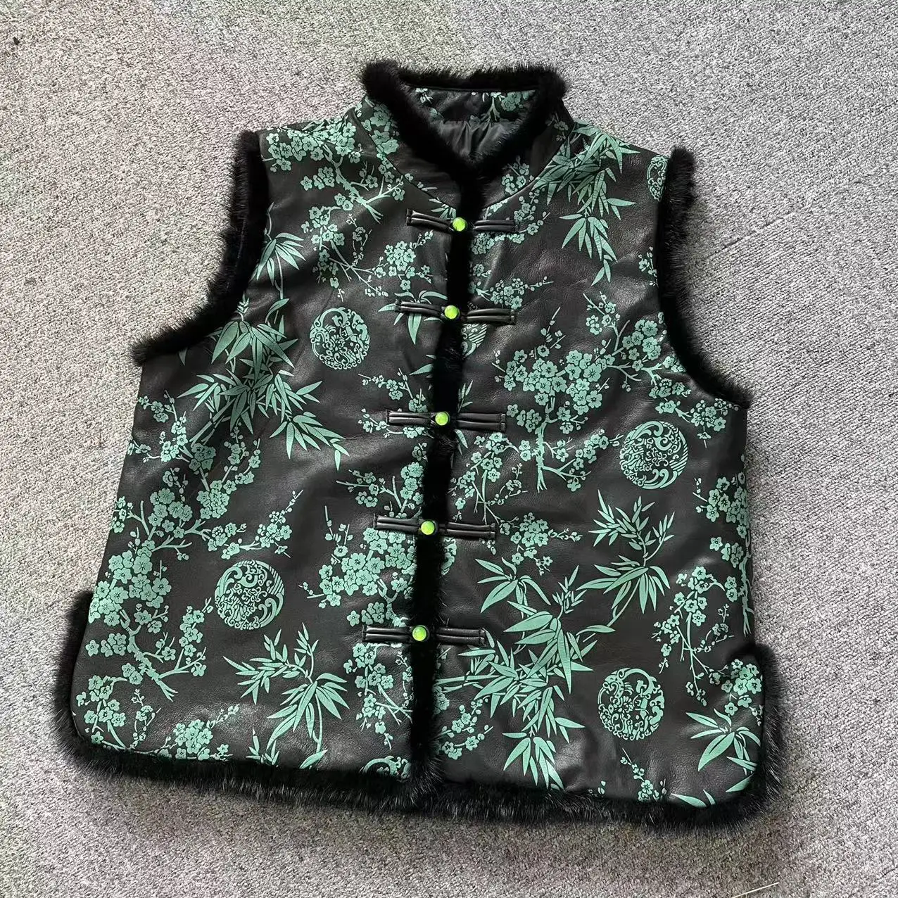 Neo Chinese Style Fashion Women Warm Vest Mink Fur Silk Cotton Filling Sheepskin Leather With Printing Waistcoat