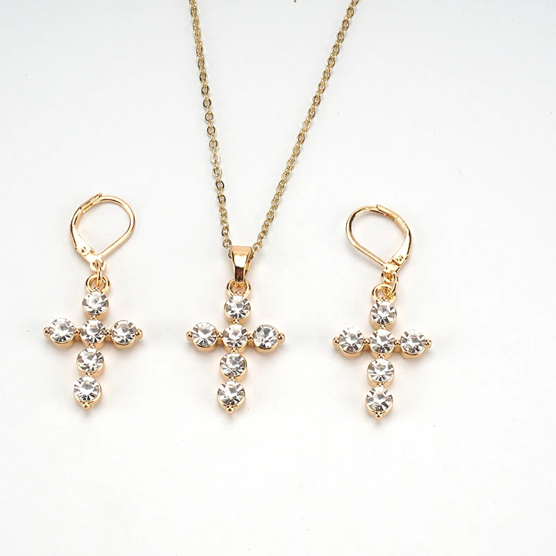 China Wholesale New Women Jewelry 18 Carat Gold Simple Diamond Cross Jewelry Sets
