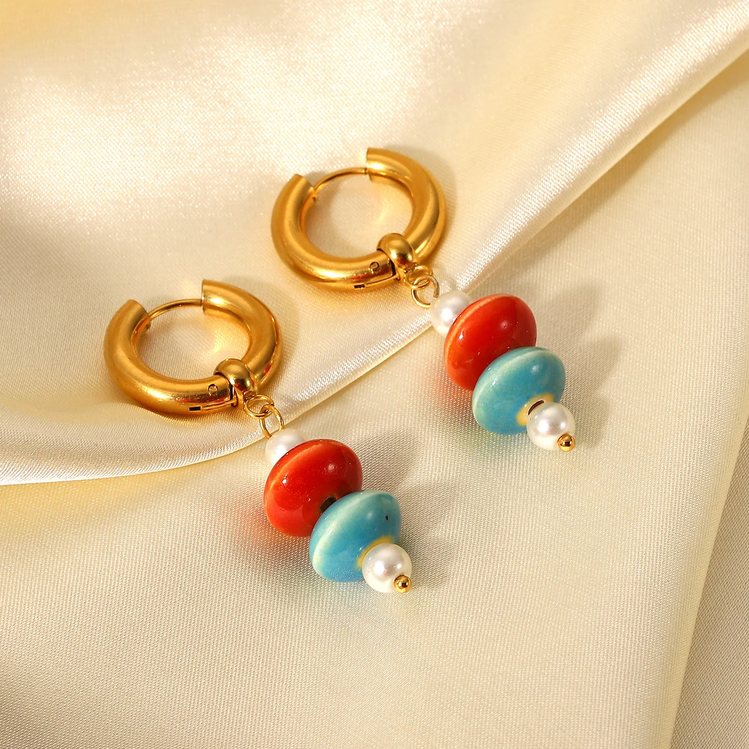 New French Court Style Color Ceramic Bead Hoop Women Gift Stainless Steel Gold Plated Pendant Earrings