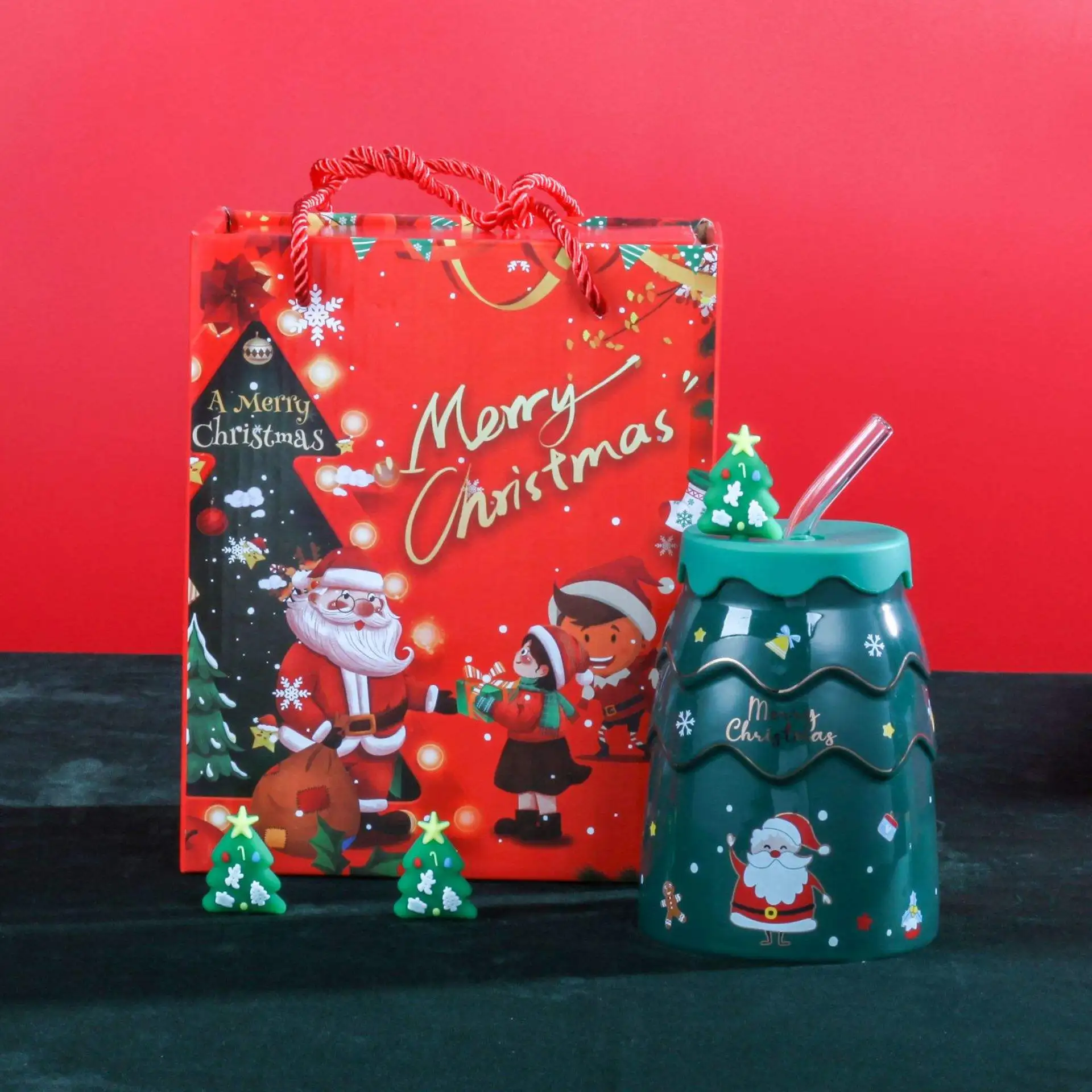 Hot Sell 2023 Silicone Sleeve Christmas Cup Coffee Ceramic Mug Without Handle Coffee Mug With A Straw