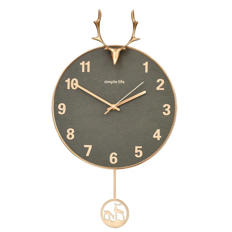 Metal electroplating Modern simple deer head swing clock Home decoration Leather face wall clock