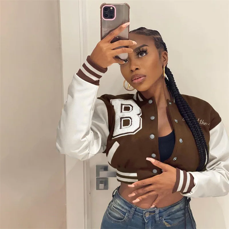 Printed Red Leather Sleeve Baseball Jackets Short varsity Jackets Fashion Women Jackets