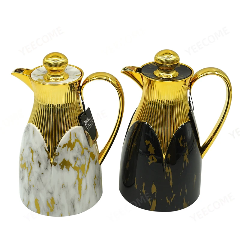 Custom Logo coffee pot glass  Keep Hot 24hrs gold plated coffee maker pot 1L marbling printing  thermos vacuum flask