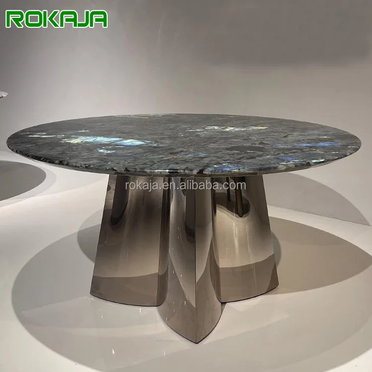 Роскошная дизайнерская подставка из нержавеющей стали с лепестками круглый обеденный стол синим Изумрудным мраморным верхом и поворотным столом для столовой