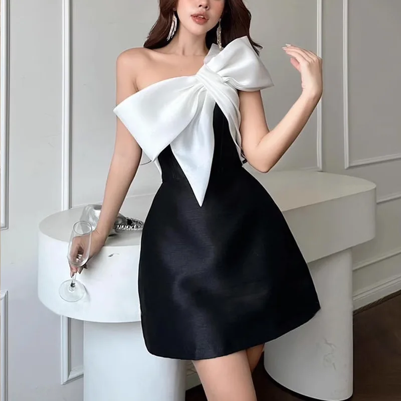 New arrivals dropshipping elegant contrast color big bow dress for women