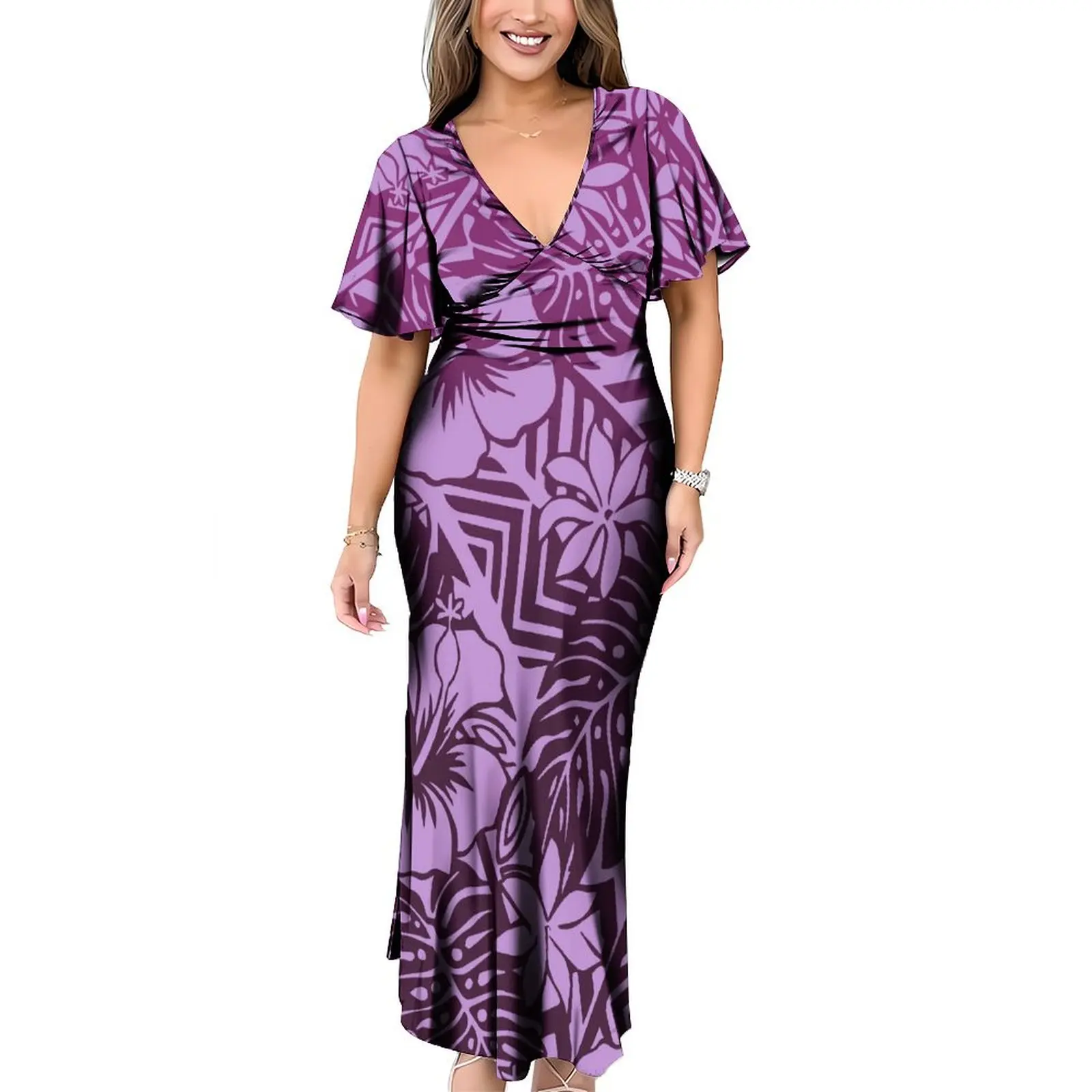 Wholesale Custom Floral Printed Hawaiian Dress Tie Knotted Back Neck Midi Ladies Dress Big People Plus Size Womens Dresses