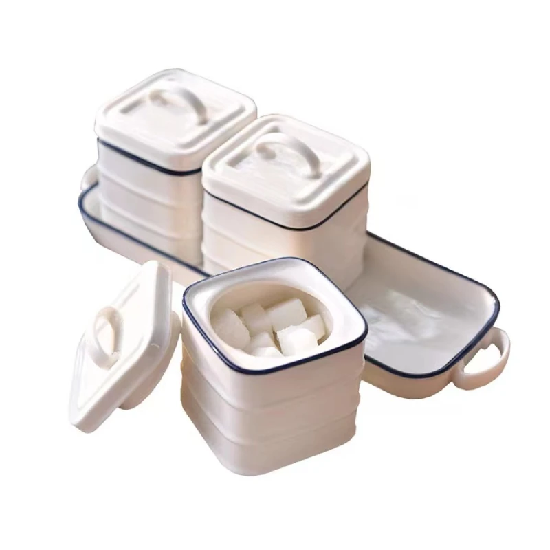 Retro Western Kitchen Household Stoneware Greese Container Set Ceramic Salt Sugar Spice Seasoning Jar