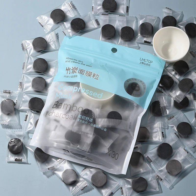 LMLTOP 30 Disposable Compressed Bamboo Charcoal Face Sheet Mask With Bowl SY439 DIY Spa Dry Compressed Facial Mask Cotton Paper