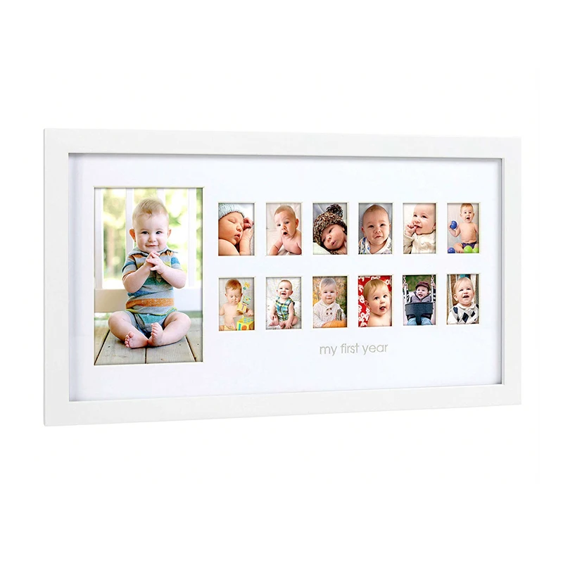 Baby One Year My First Year Photo Frame Frames for Pictures Iron Logo Rectangle Wood Customized Custom Logo 12 Months White
