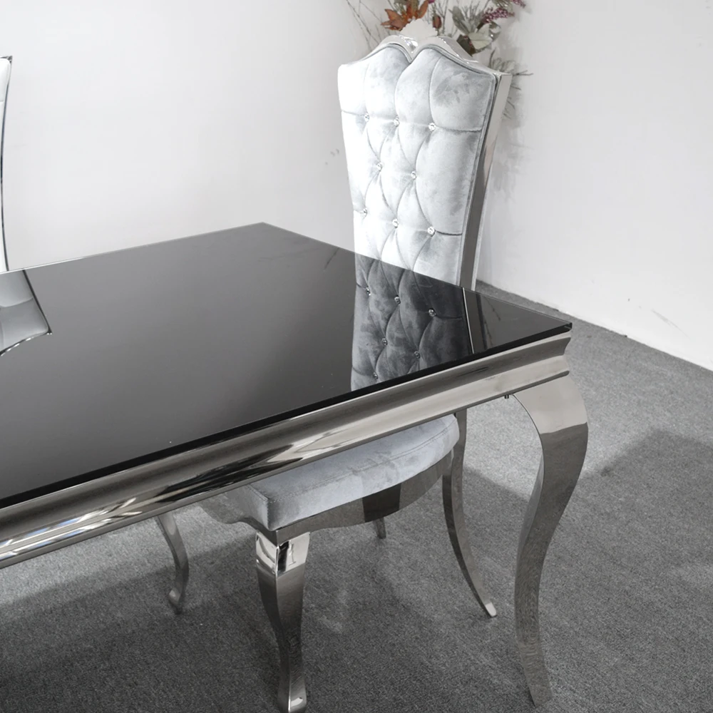 Современный обеденный стол из нержавеющей стали зеркальный черный столовый с 4 змеиными ножками и 6 стульями