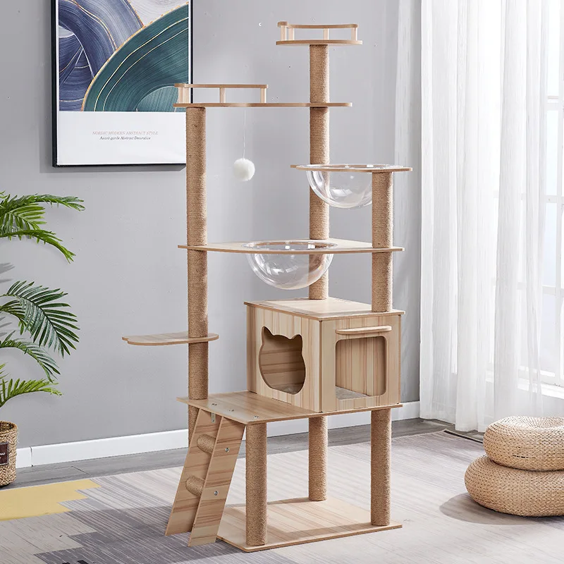 New Private label wood sisal big cat condo tree small tower furniture scratch with hammock cave beds pet bed