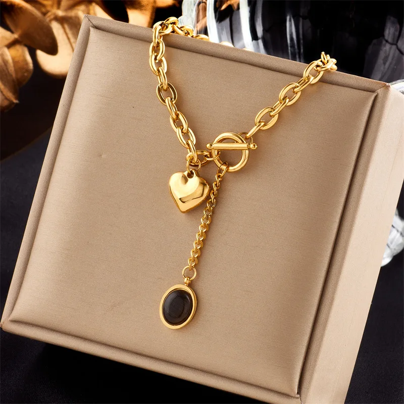 Simple Fashion 18K Gold Plated Tassels Thick Chain Stainless Steel T Buckle Love Pendant Necklace