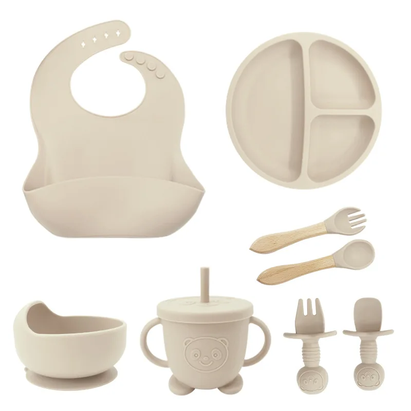 Wholesale Custom Bpa Free Kid Other Tableware Silicone Bowl Suction Snacks Cup Straw Plate Bibs Products Baby Feeding Set
