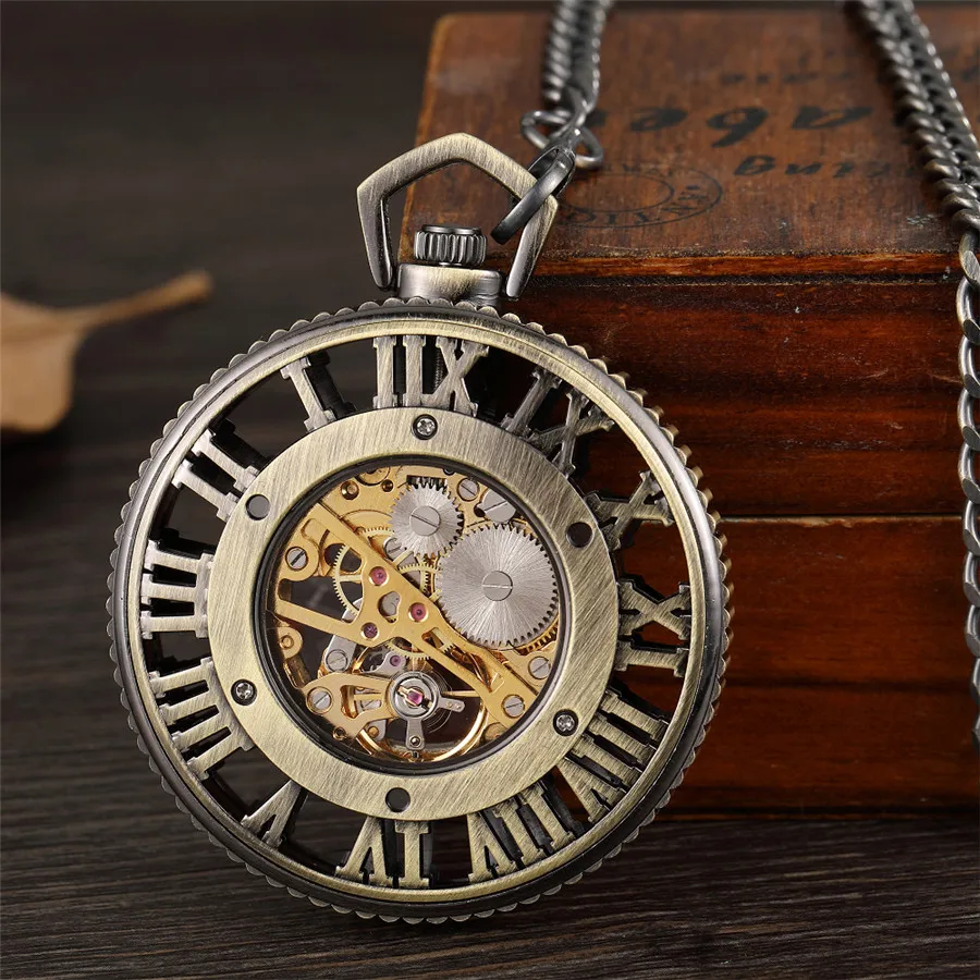 Luxury Gold Hollow Roman Dial Mechanical Watches Steampunk Golden Vintage Hand Wind Mechanical Watch FOB Chain Mens Womens Clock