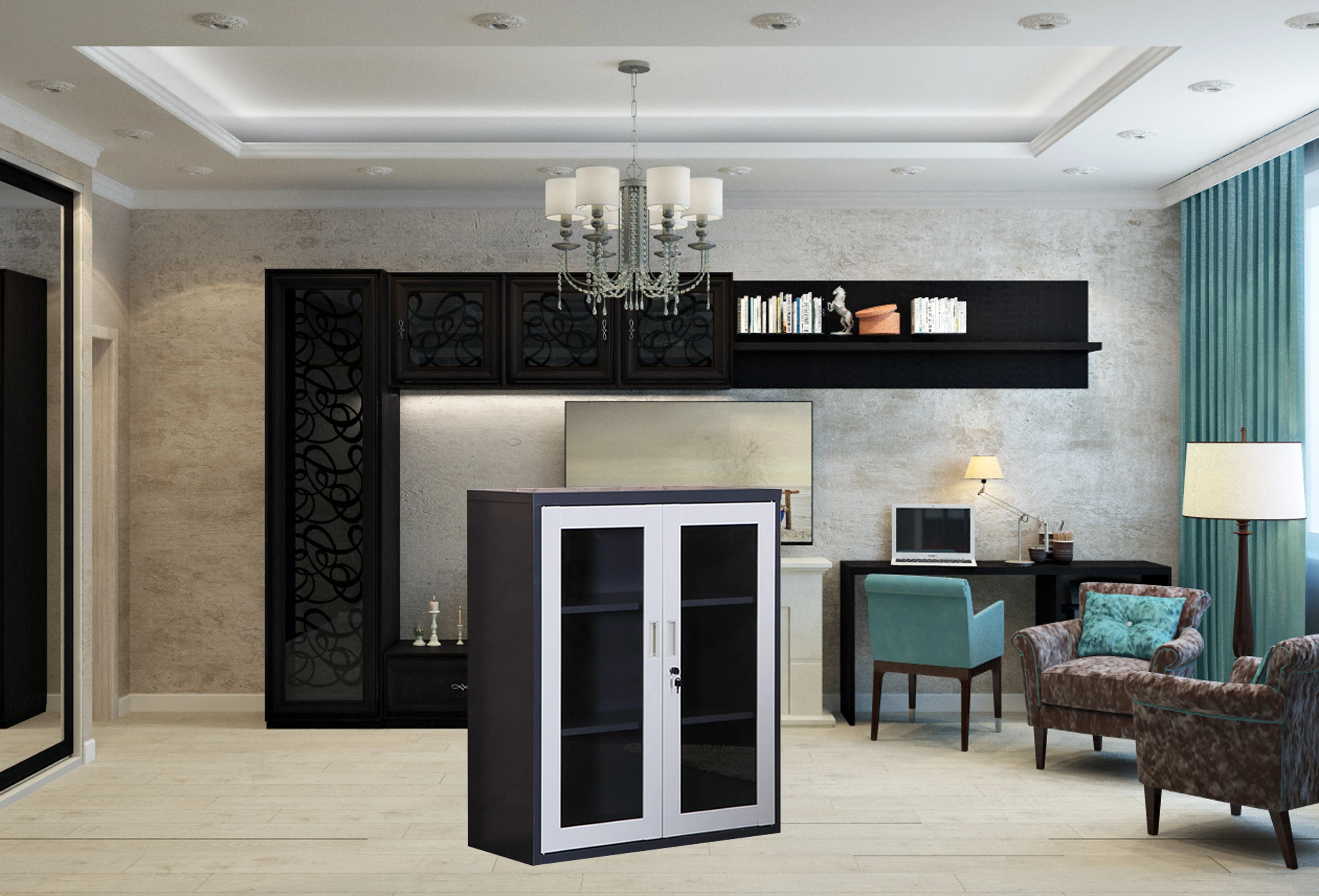 Modern furniture knock down steel office filing storage mini display cabinet glass office double doors