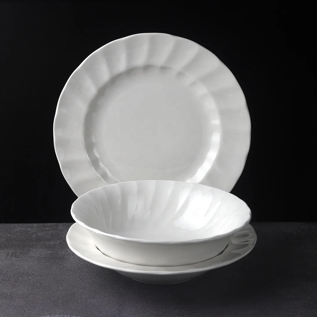 white embossed vintage bone china western food pasta dinner plates bowl sets luxury porcelain ceramic nordic tableware set