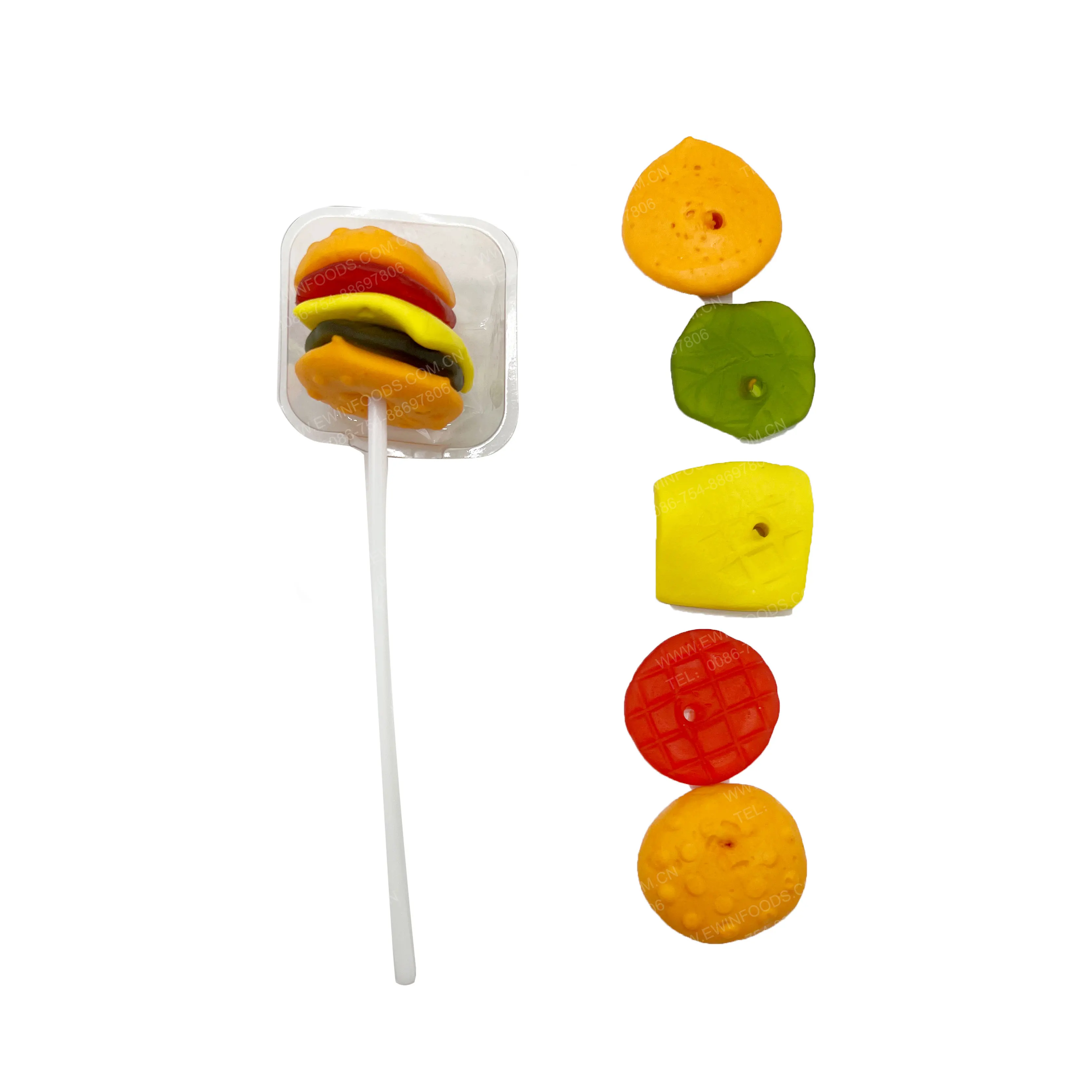 OEM Candy manufacturers HALAL BBQ burger stick burger shape soft gummy lollipop candy gummy tree for kids for wholesale