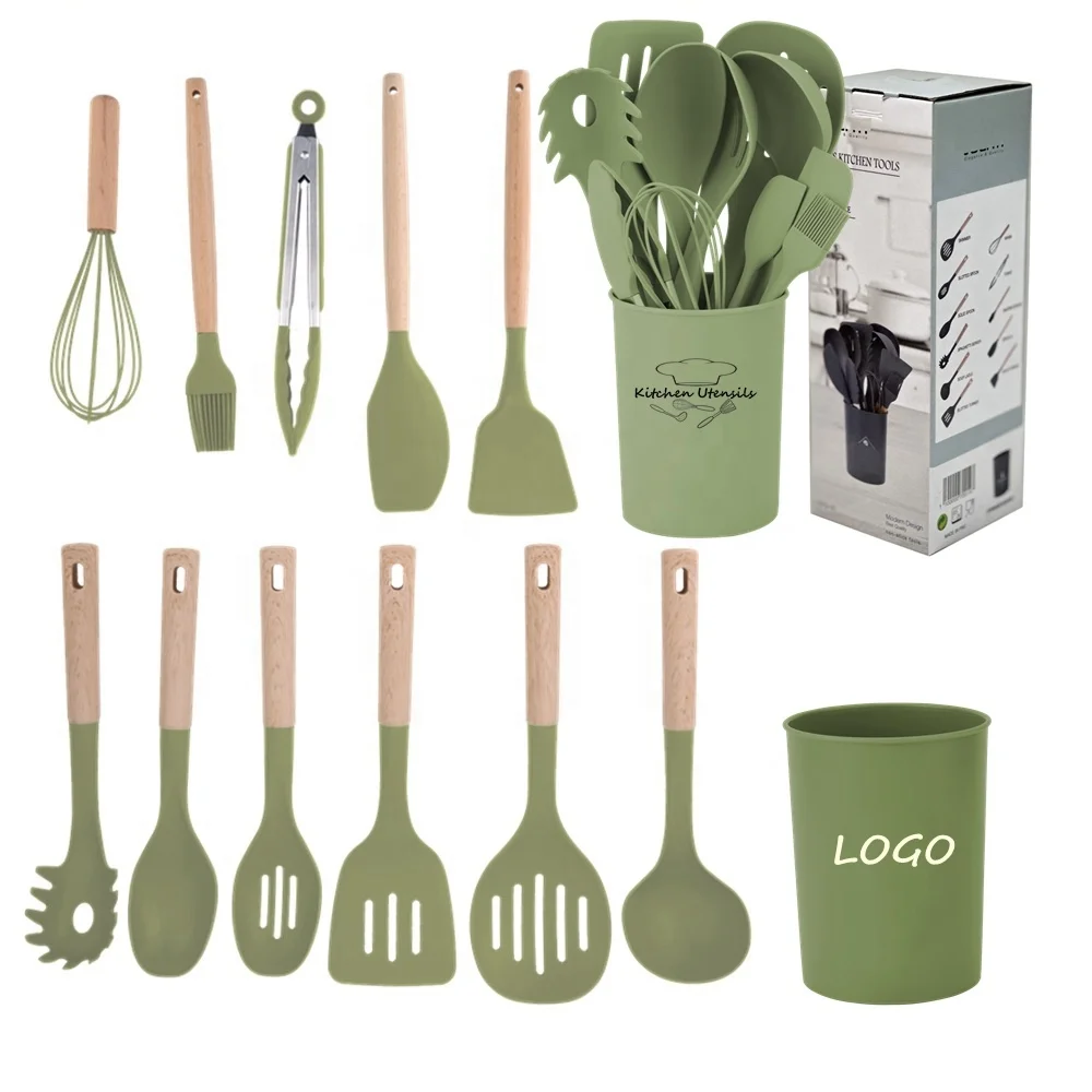 Eco-friendly hot selling 12pcs silicon kitchen utensil set with bucket cooking utensil with wood handle