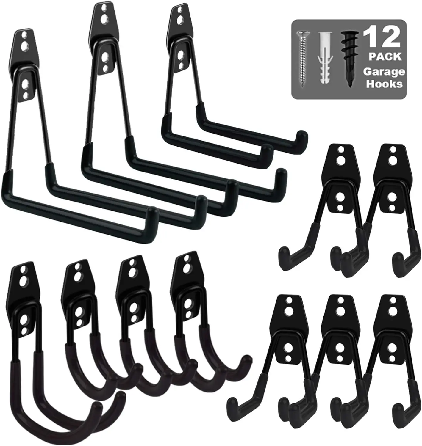 Utility Double Hooks 6 Pcs Steel Bucket Bracket Non-Slip Rubber Tool Hooks for Bulk Items, Bicycles