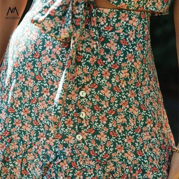 MXN 927 Spring and summer print two piece sets,fashion Hollow out short lace-up top,ruffled stitching skirt suits set for women