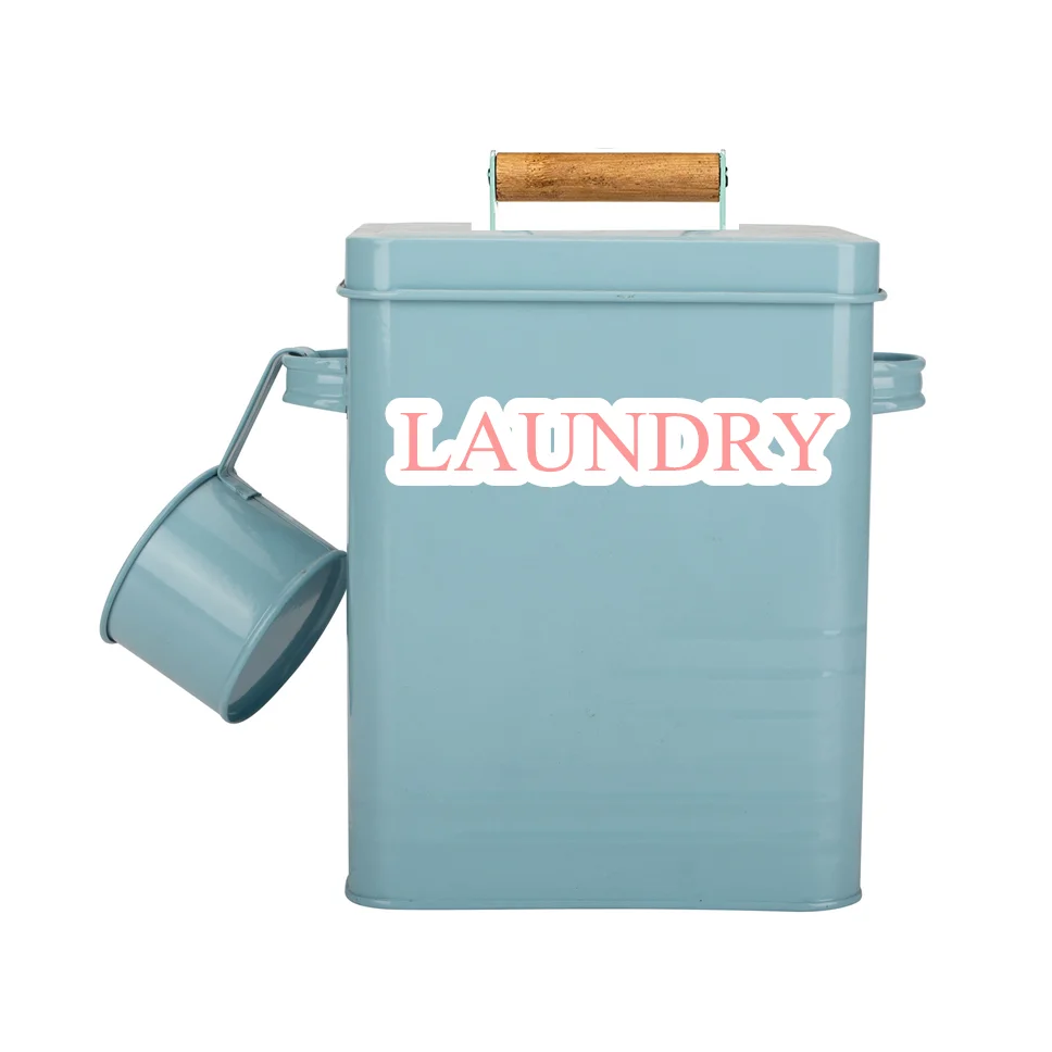 Wooden Handle Retro Vintage homemade laundry detergent powder bin container tin box with Scoop