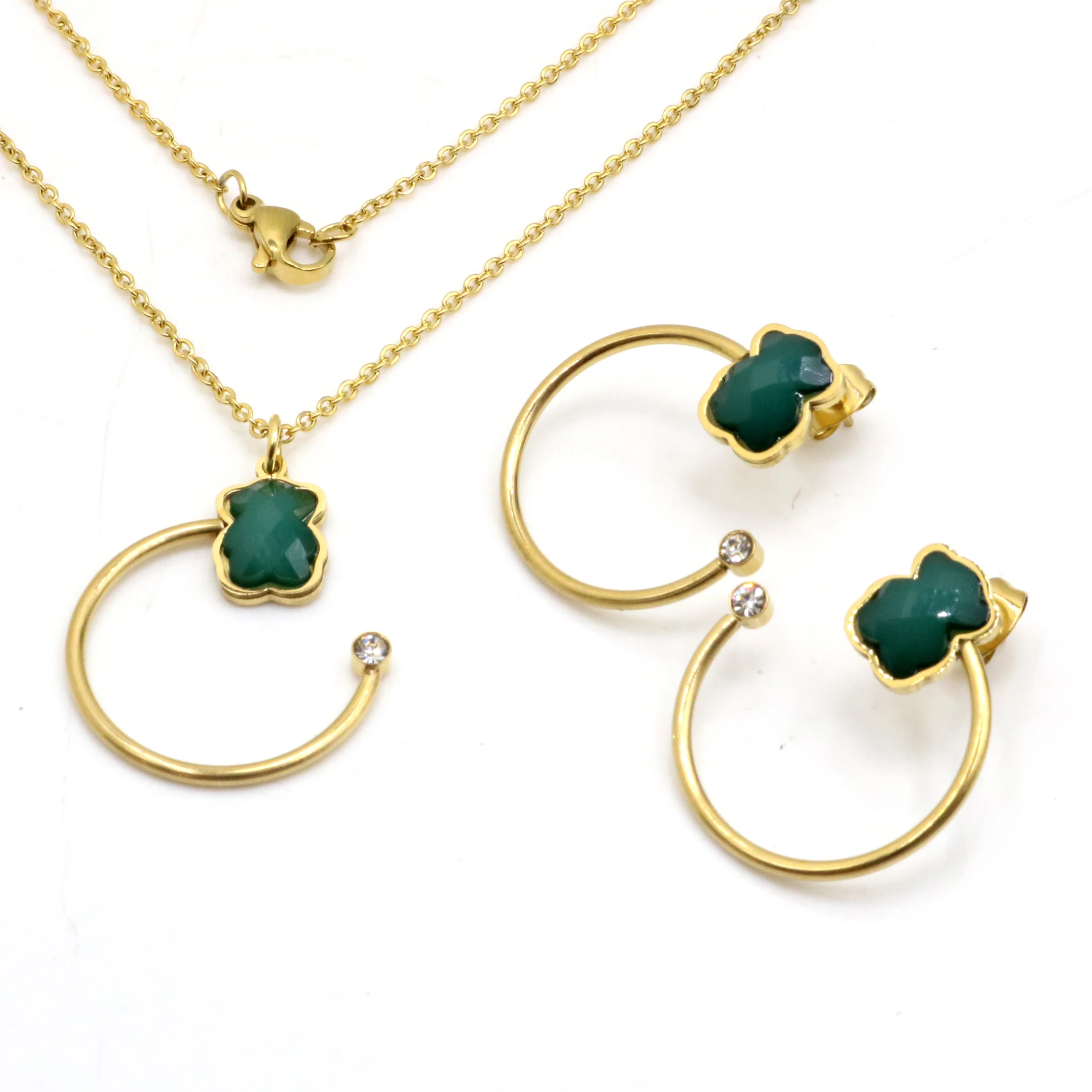 AFXSION Christmas Hot Sale Jewelry Girl Gift Bear Necklace and Earrings Stainless Steel and Crystal 18K Gold Jewelry Set