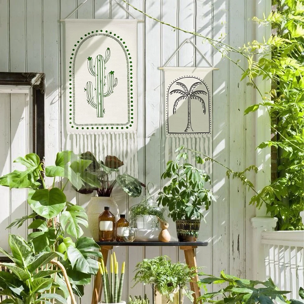 Boho style custom cotton woven coconut palm tree printed wall tapestry