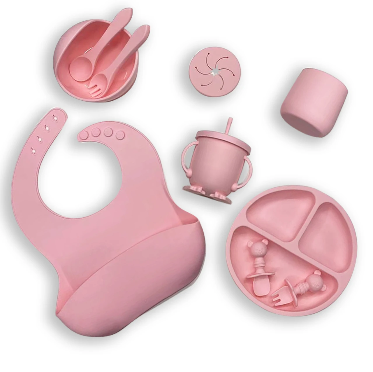 New Arrival Eco-friendly Non-toxic Kids Silicone Tableware Feeding Set Suction Bowl Spoon Set Feeding Bib Baby Silicone Bowl