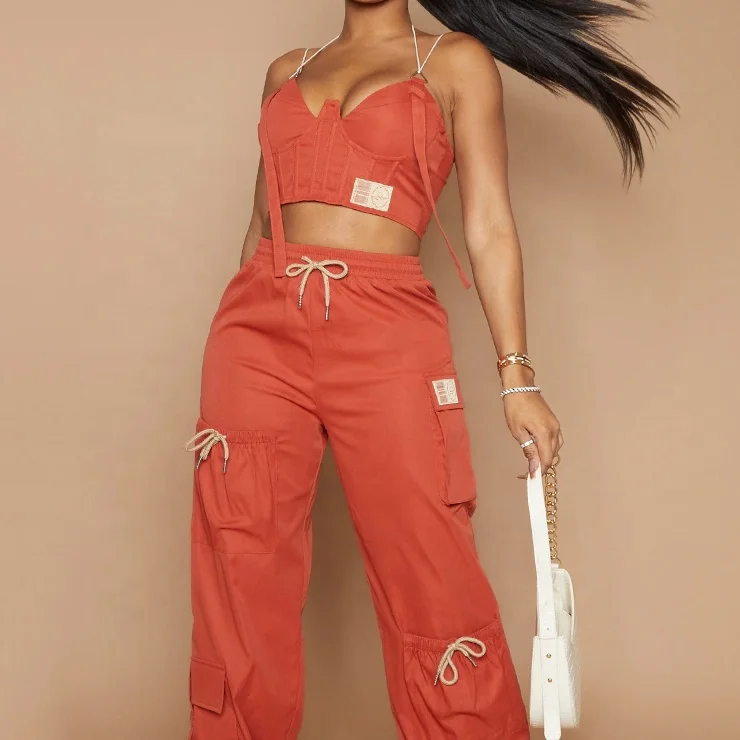 Summer Custom Ropa High Waist Leggings Corset Suits Two Piece Cargo Pants Set Women