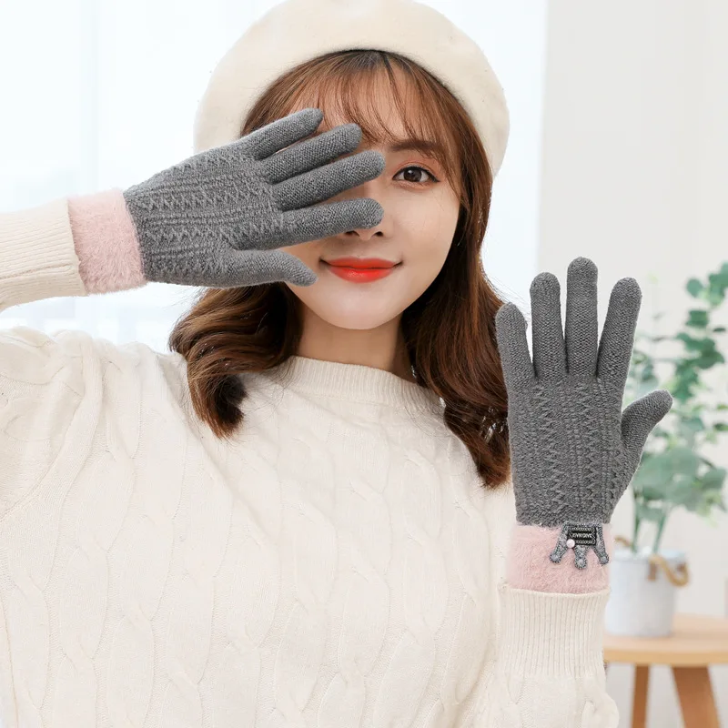 Fashion Imitation Cashmere Crown Split Finger Gloves Thickened Knitted Outdoor Winter Warm Touch Screen Glove Knitted Gloves