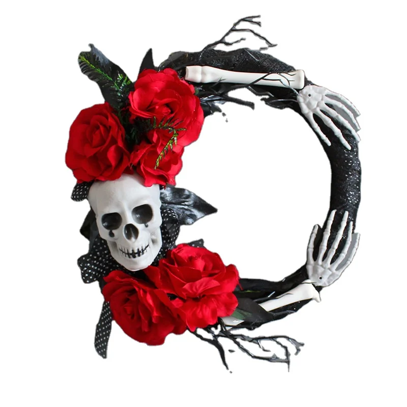 Halloween Skeleton 16 Inch Red Rose Ghost Handmade Garland Halloween Festival Party Venue Scary Props Decorated Rattan Wreath