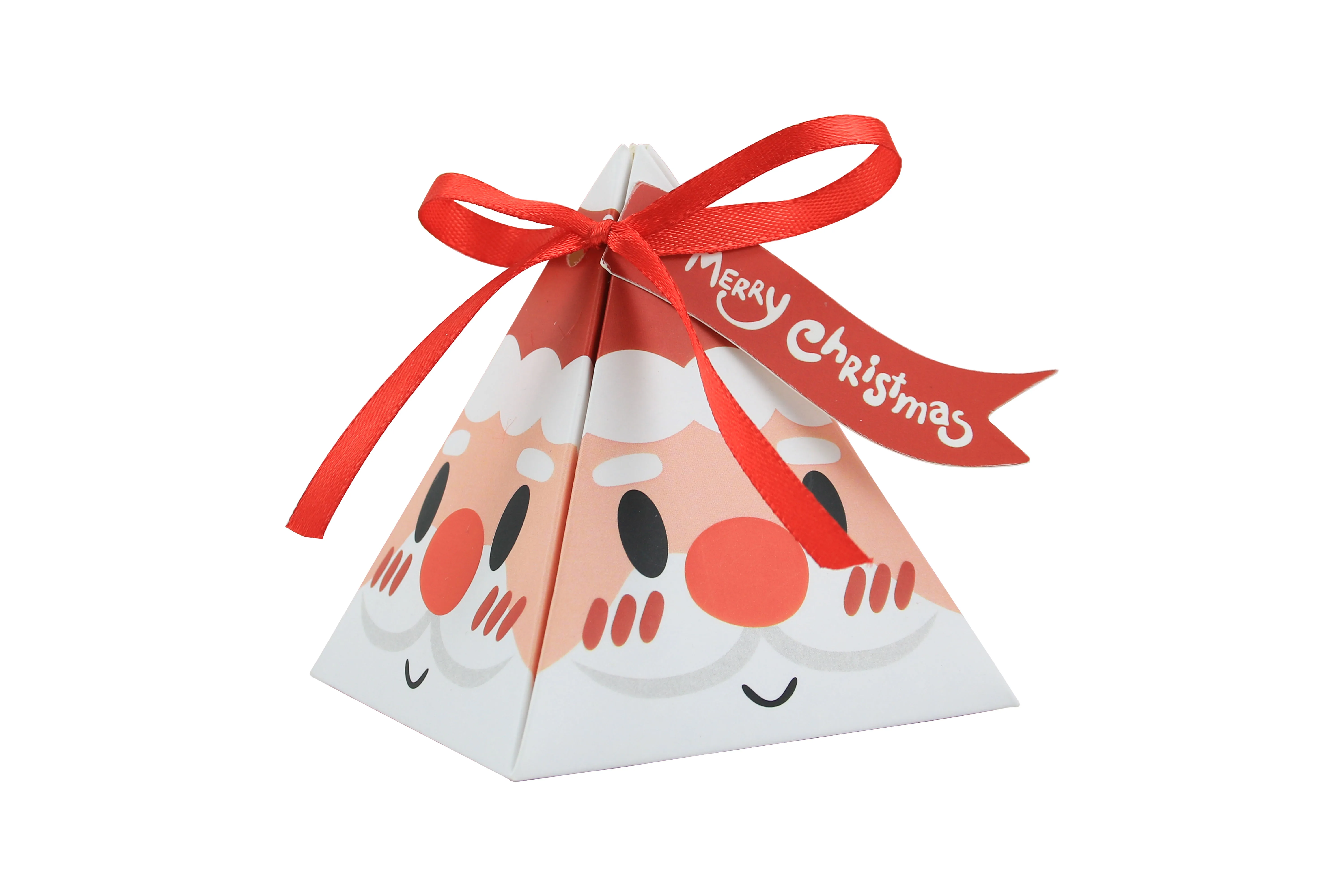 2022 new design hotly sold small Christmas triangle paper  candy  gift packing  box with tag and ribbon