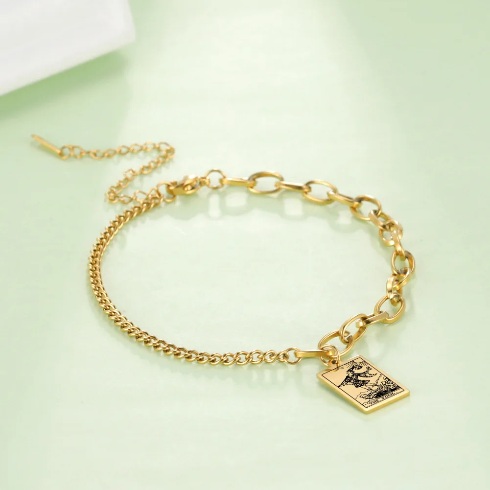 Fashion Stainless Steel Tarot Cards Square Charm Bracelet Gold Plated Good Luck Amulet Jewelry for Men