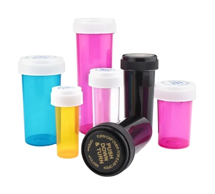 Plastic reversible vials or pill bottles or child resistant dram vials